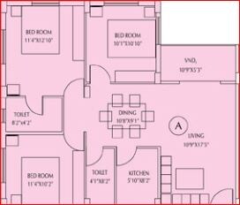Floor plan of 3 BHK 1326 Sq. Ft. Apartment in Eden Tolly Signature, Kolkata