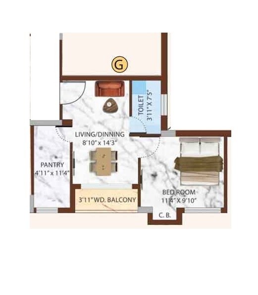 Floor plan of 1 BHK 609 Sq. Ft. Apartment in Eden Willow Estate, Kolkata