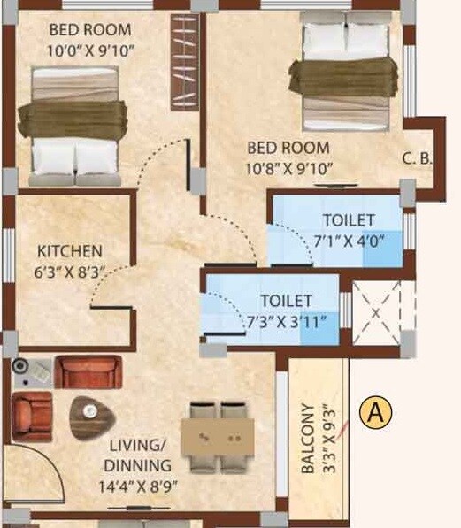 Floor plan of 2 BHK 744 Sq. Ft. Apartment in Eden Willow Estate, Kolkata