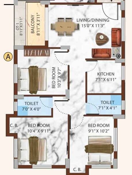 Floor plan of 3 BHK 1413 Sq. Ft. Apartment in Eden Willow Estate, Kolkata
