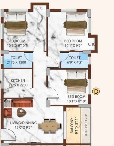 Floor plan of 3 BHK 969 Sq. Ft. Apartment in Eden Willow Estate, Kolkata