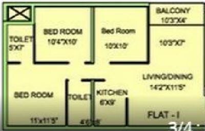 Floor plan of 3 BHK 1142 Sq. Ft. Apartment in Eden Woods, Kolkata