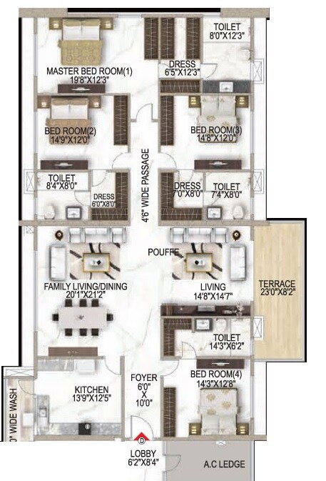 Floor plan of 4 BHK 3536 Sq. Ft. Apartment in Z Residences, Kolkata