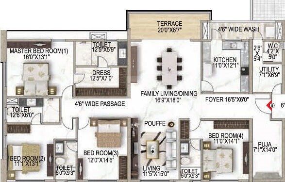 Floor plan of 4 BHK 4033 Sq. Ft. Apartment in Z Residences, Kolkata