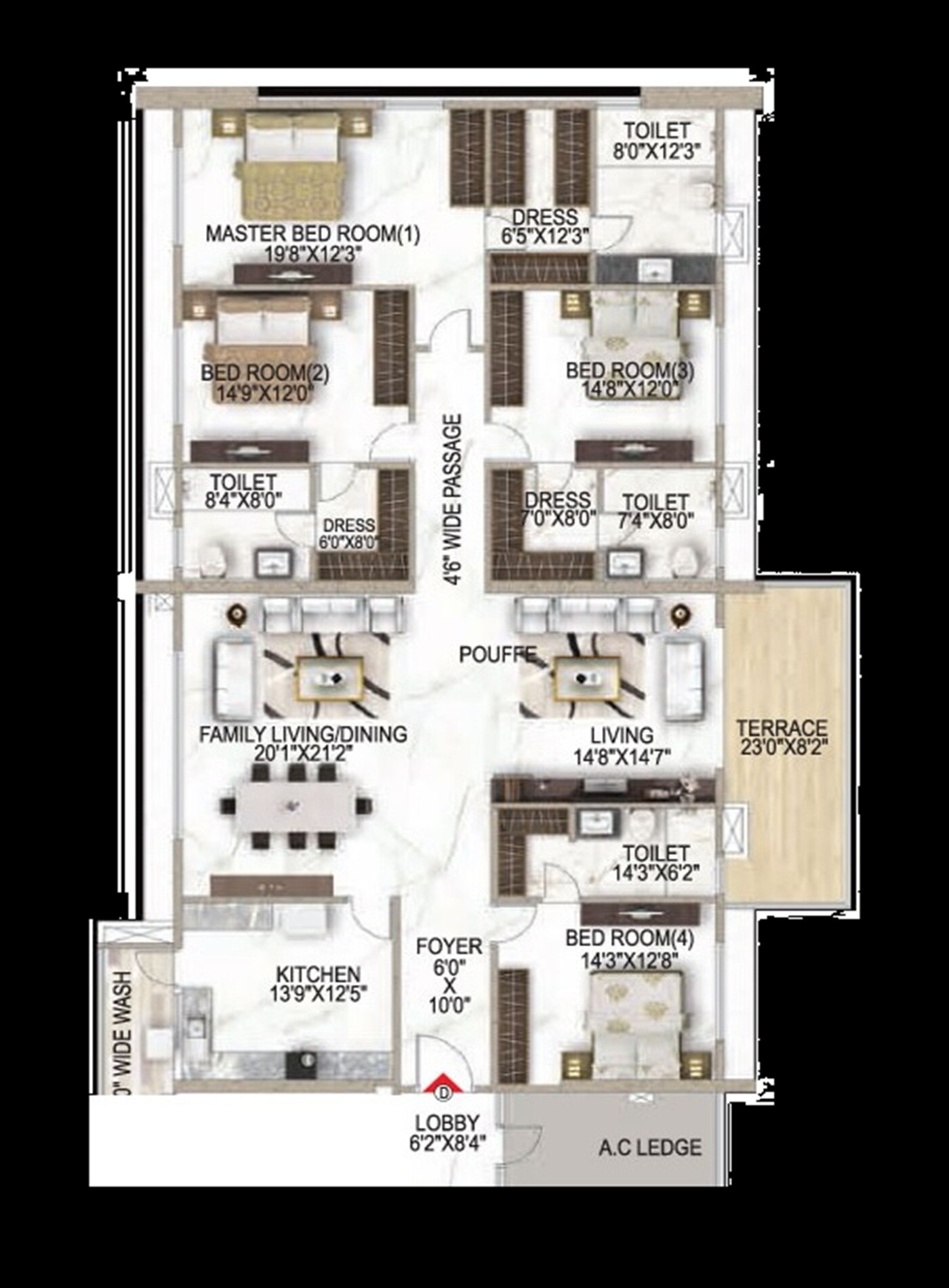 Floor plan of 4 BHK 3835 Sq. Ft. Apartment in Eden Z Residences Phase II, Kolkata