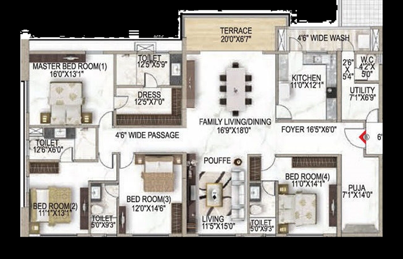 Floor plan of 4 BHK 4748 Sq. Ft. Apartment in Eden Z Residences Phase II, Kolkata