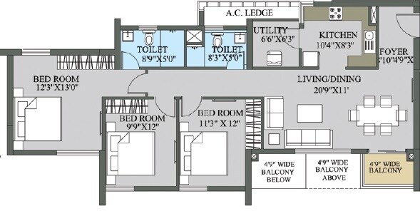 Floor plan of 3 BHK 1528 Sq. Ft. Apartment in Elita Garden Vista, Kolkata
