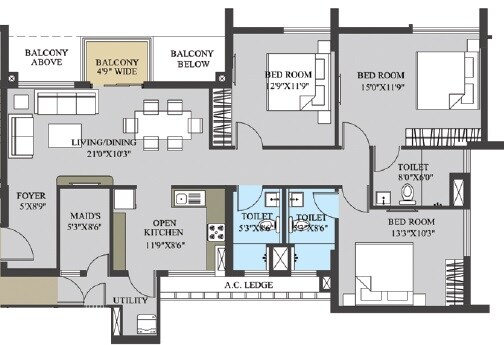Floor plan of 3 BHK 1742 Sq. Ft. Apartment in Elita Garden Vista, Kolkata