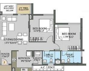 Floor plan of 2 BHK 1210 Sq. Ft. Apartment in Elita Garden Vista, Kolkata