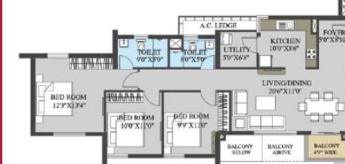Floor plan of 3 BHK 1503 Sq. Ft. Apartment in Elita Garden Vista, Kolkata