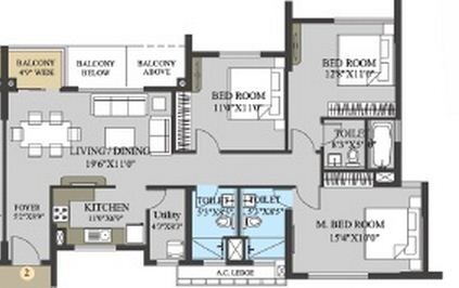 Floor plan of 3 BHK 1588 Sq. Ft. Apartment in Elita Garden Vista, Kolkata
