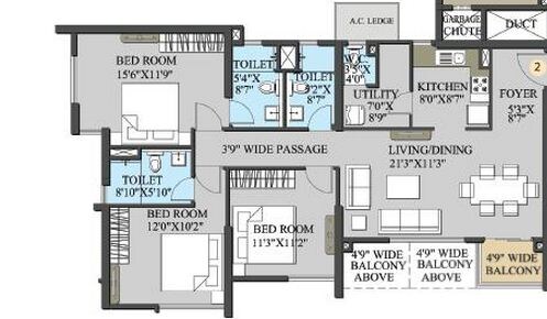 Floor plan of 3 BHK 1607 Sq. Ft. Apartment in Elita Garden Vista, Kolkata