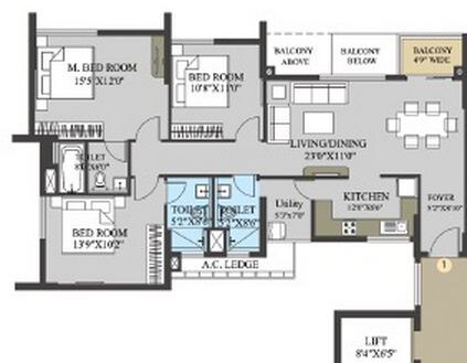 Floor plan of 3 BHK 1623 Sq. Ft. Apartment in Elita Garden Vista, Kolkata