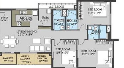 Floor plan of 3 BHK 1648 Sq. Ft. Apartment in Elita Garden Vista, Kolkata