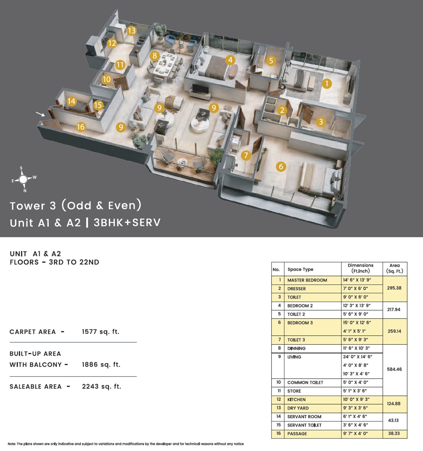 Floor plan of 3 BHK 2243 Sq. Ft. Apartment in Emami Aamod, Kolkata