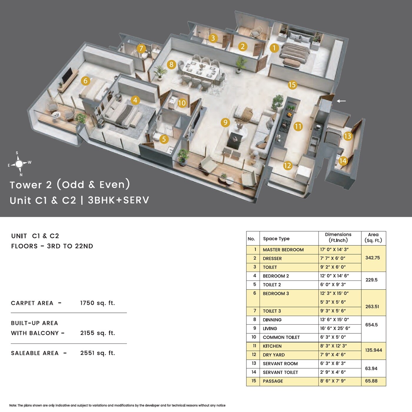 Floor plan of 3 BHK 2551 Sq. Ft. Apartment in Emami Aamod, Kolkata