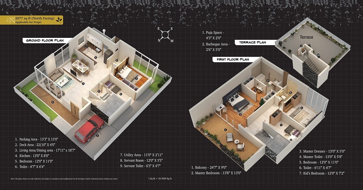 Floor plan of 3 BHK 2077 Sq. Ft. Villa in Emami Aastha, Kolkata