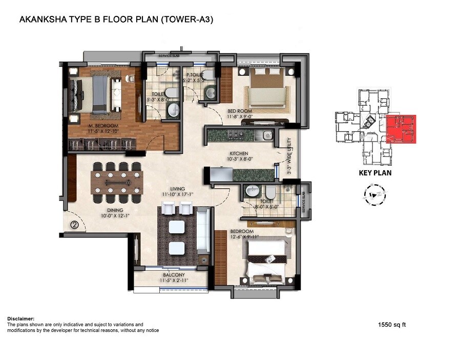 Floor plan of 3 BHK 1550 Sq. Ft. Apartment in Emami Swan Court, Kolkata