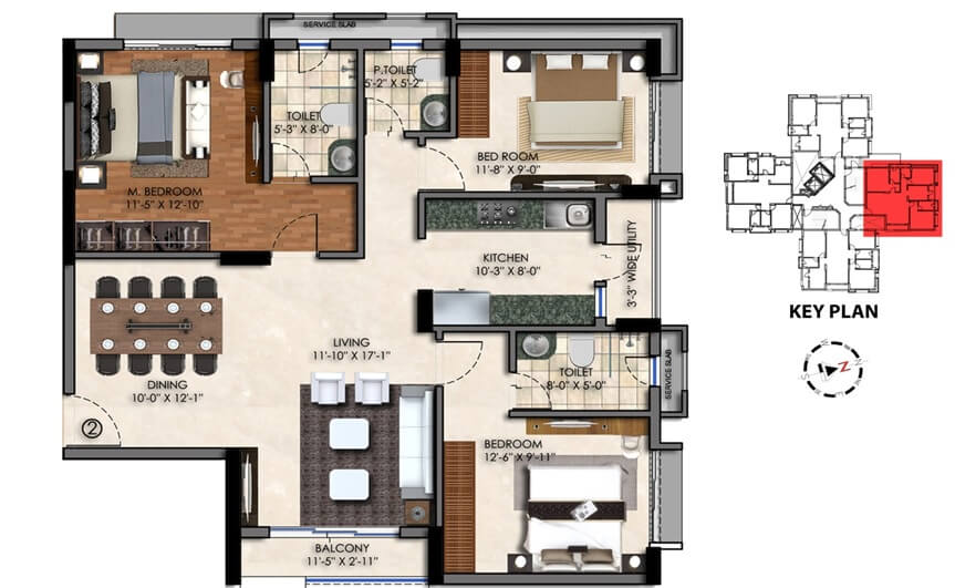 Floor plan of 3 BHK 1550 Sq. Ft. Apartment in Swan Court, Kolkata