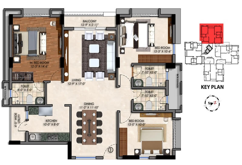 Floor plan of 3 BHK 1670 Sq. Ft. Apartment in Swan Court, Kolkata