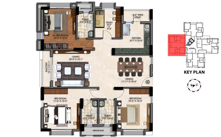 Floor plan of 3 BHK 1835 Sq. Ft. Apartment in Swan Court, Kolkata