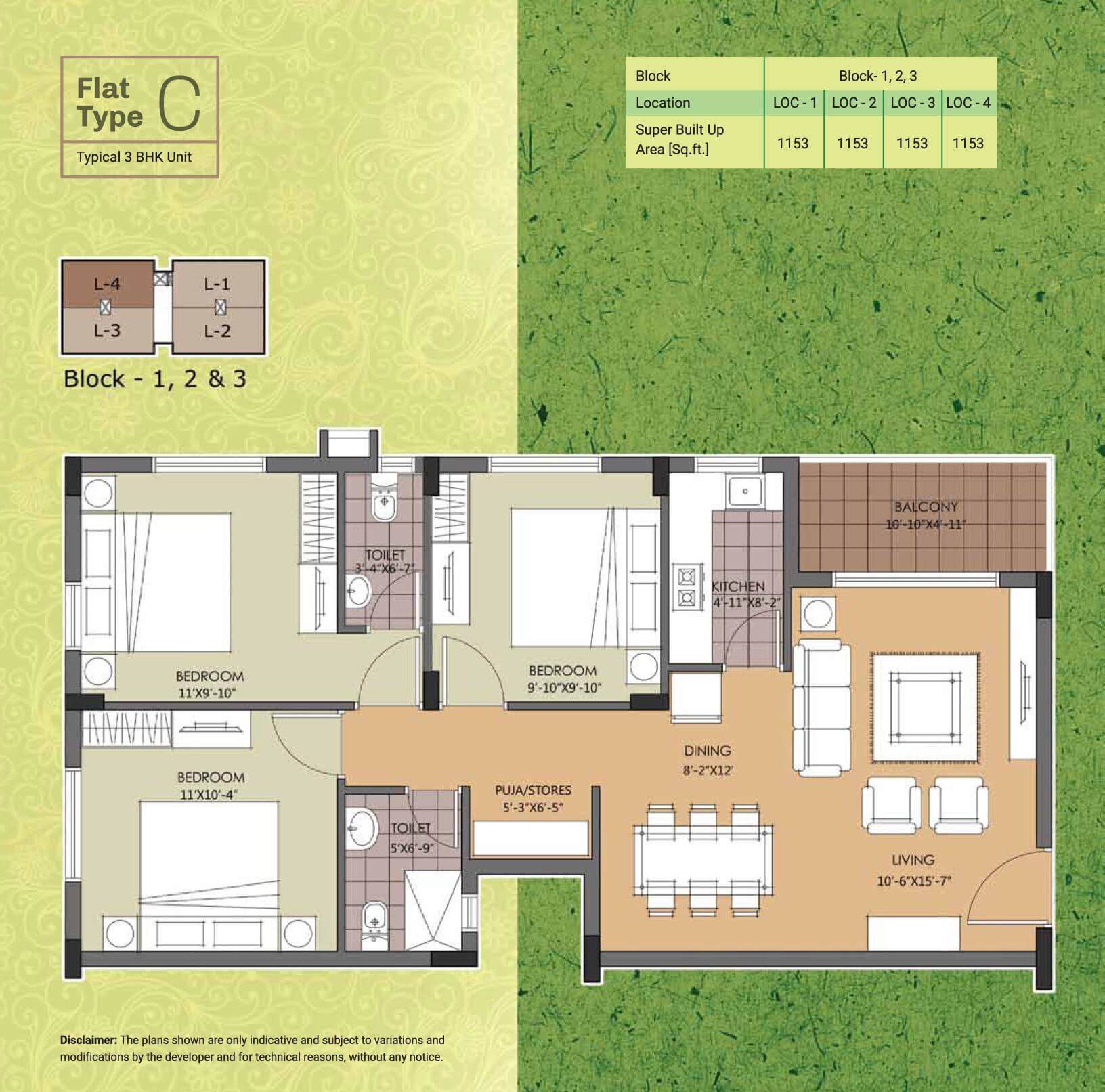 Floor plan of 3 BHK Apartment - 760 sq. ft. in Swan Green, Kolkata