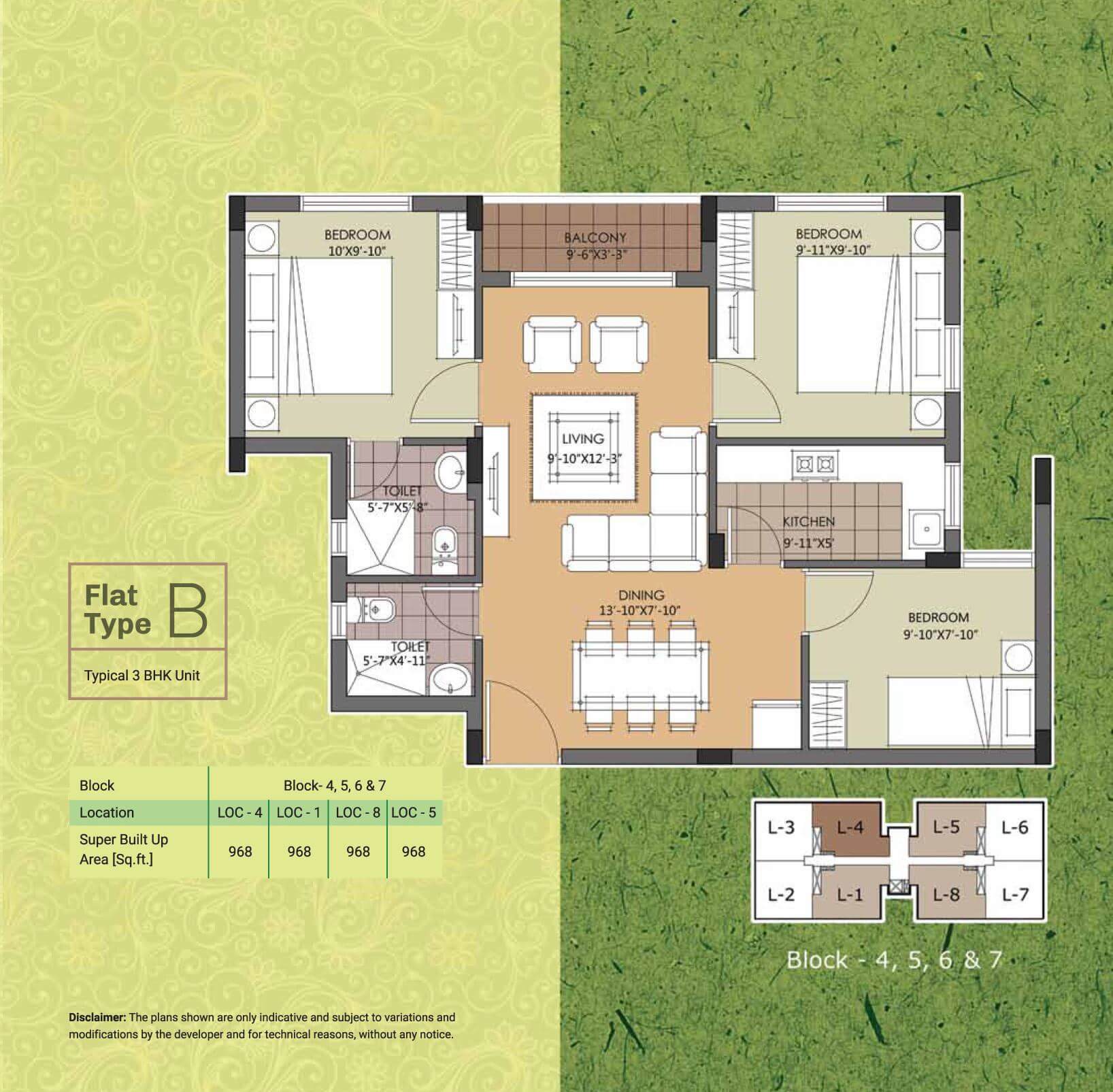 Floor plan of 3 BHK Apartment - 610 sq. ft. in Swan Green, Kolkata