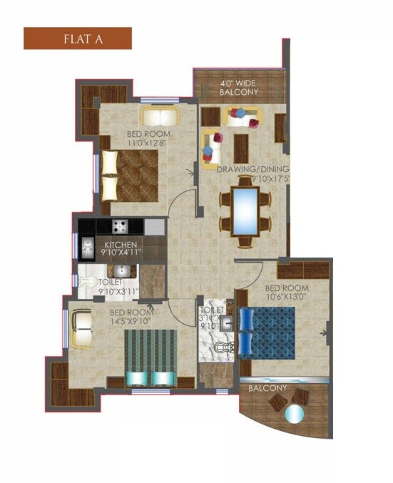 Floor plan of 3 BHK 1376 Sq. Ft. Apartment in Eternity Aloy, Kolkata