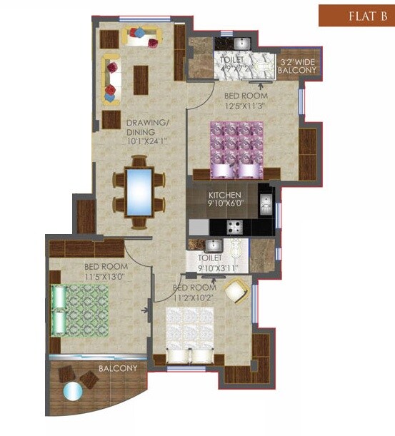 Floor plan of 3 BHK 1410 Sq. Ft. Apartment in Eternity Aloy, Kolkata
