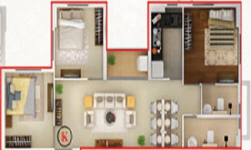 Floor plan of 3 BHK 1043 Sq. Ft. Apartment in Etha SU Casa Royal, Kolkata