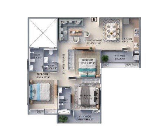 Floor plan of 3 BHK 1270 Sq. Ft. Apartment in F Residences Merlin, Kolkata
