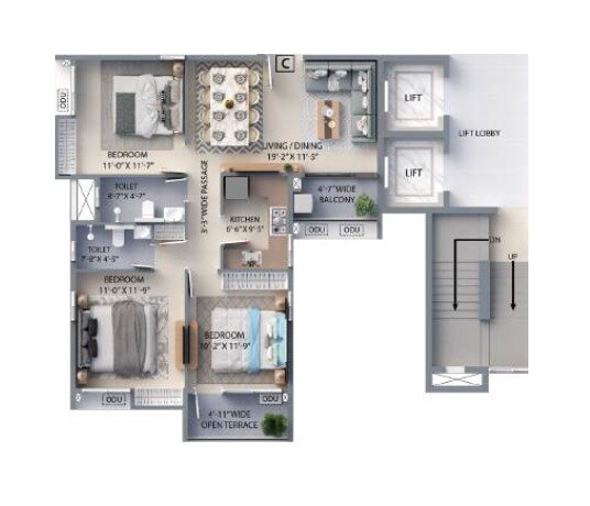Floor plan of 3 BHK 960 Sq. Ft. Apartment in F Residences Merlin, Kolkata