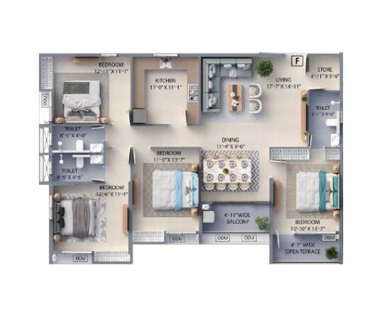 Floor plan of 4 BHK 1400 Sq. Ft. Apartment in F Residences Merlin, Kolkata