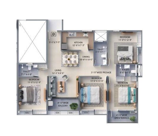 Floor plan of 4 BHK 1570 Sq. Ft. Apartment in F Residences Merlin, Kolkata