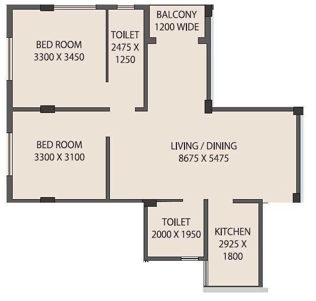 Floor plan of 2 BHK 929 Sq. Ft. Apartment in Fabulous Uno, Kolkata