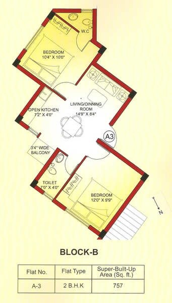 Floor plan of 2 BHK 757 Sq. Ft. Apartment in FM Dream Villa, Kolkata