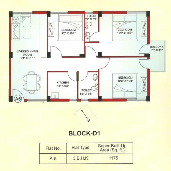 Floor plan of 3 BHK 1175 Sq. Ft. Apartment in FM Dream Villa, Kolkata