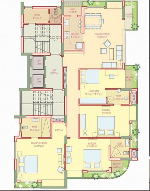 Floor plan of 4 BHK 2726 Sq. Ft. Apartment in Fort Eleganza, Kolkata