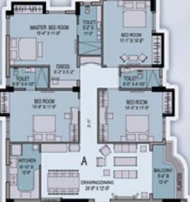 Floor plan of 4 BHK 2225 Sq. Ft. Apartment in Fort Harmony, Kolkata