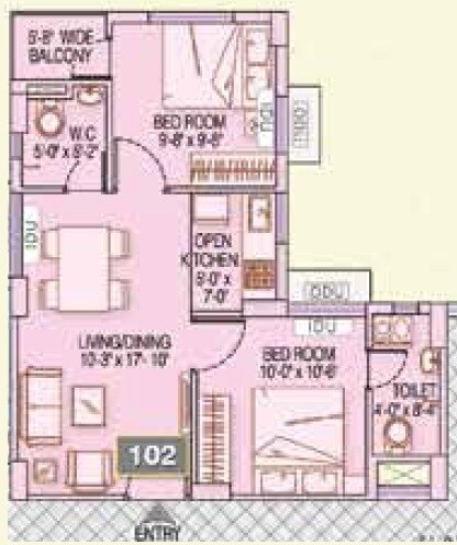 Floor plan of 2 BHK 705 Sq. Ft. Apartment in Fortune Heights Barasat, Kolkata