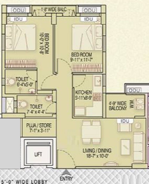 Floor plan of 2 BHK 927 Sq. Ft. Apartment in Fortune Heights Barasat, Kolkata