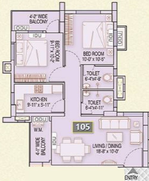 Floor plan of 2 BHK 892 Sq. Ft. Apartment in Fortune Heights Phase 3, Kolkata
