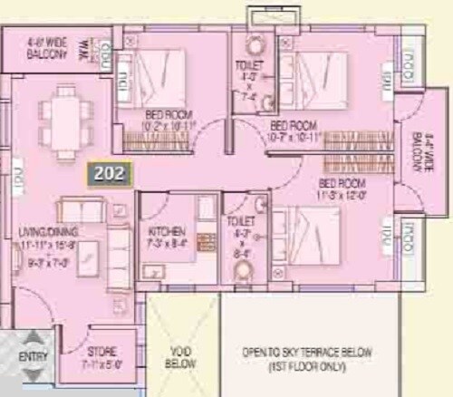 Floor plan of 3 BHK 1295 Sq. Ft. Apartment in Fortune Heights Phase 3, Kolkata