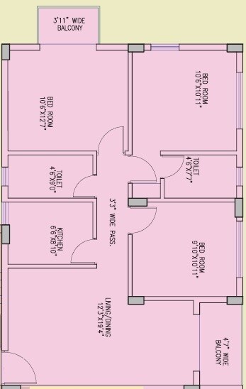 Floor plan of 3 BHK 1100 Sq. Ft. Apartment in Freshia Apartments, Kolkata