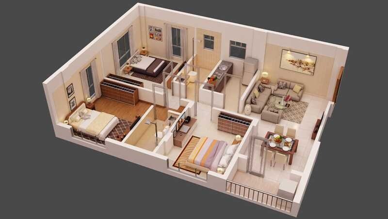 Floor plan of 3 BHK 870 Sq. Ft. Apartment in Freshia Apartments, Kolkata