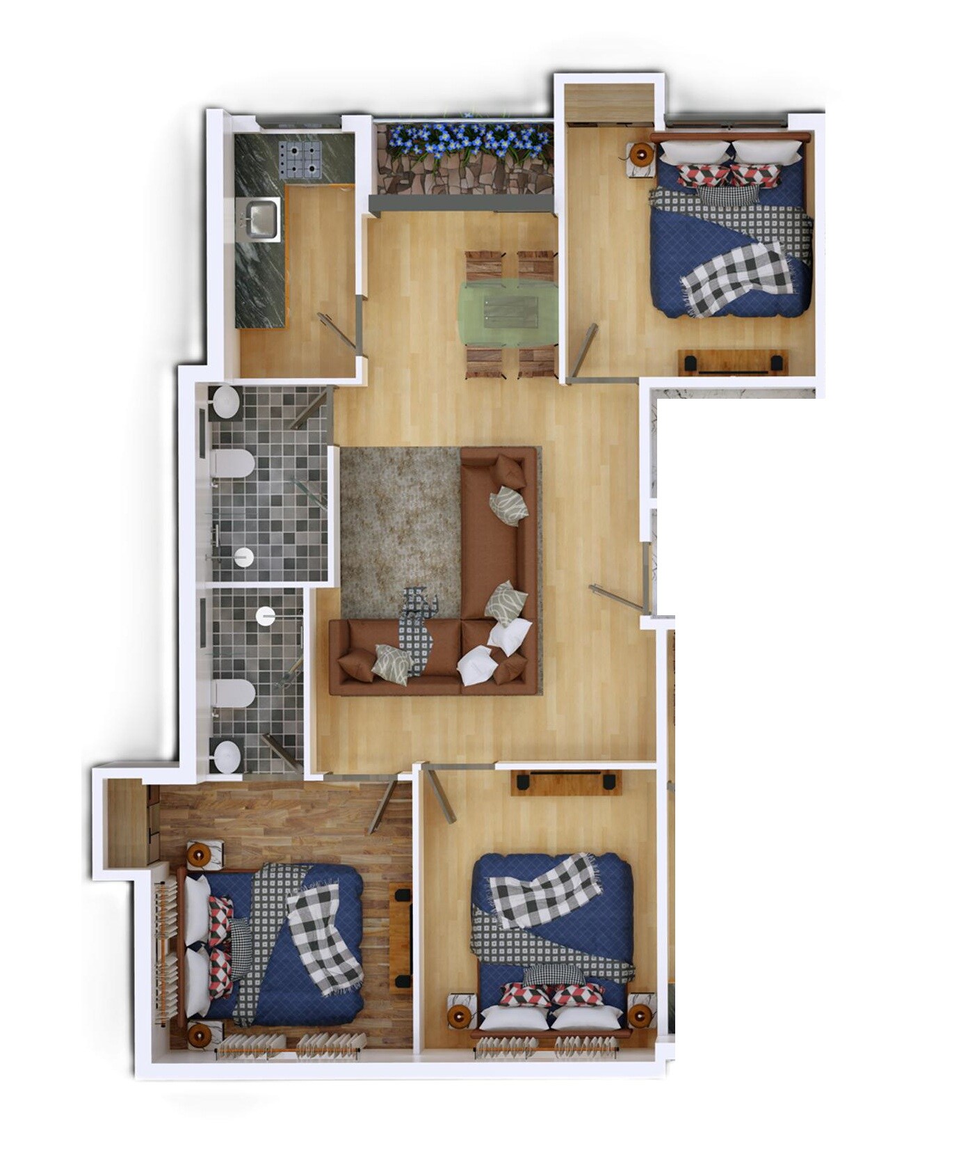 Floor plan of 3 BHK 683 Sq. Ft. Apartment in Gamma Twins, Kolkata