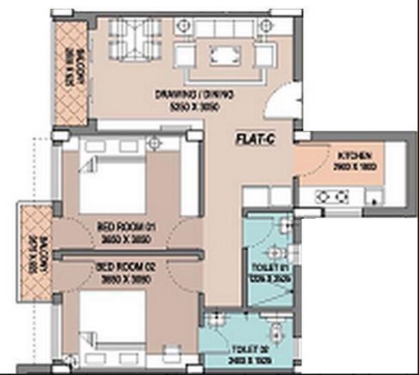 Floor plan of 2 BHK 1096 Sq. Ft. Apartment in Ganguly 4 Sight Maple, Kolkata