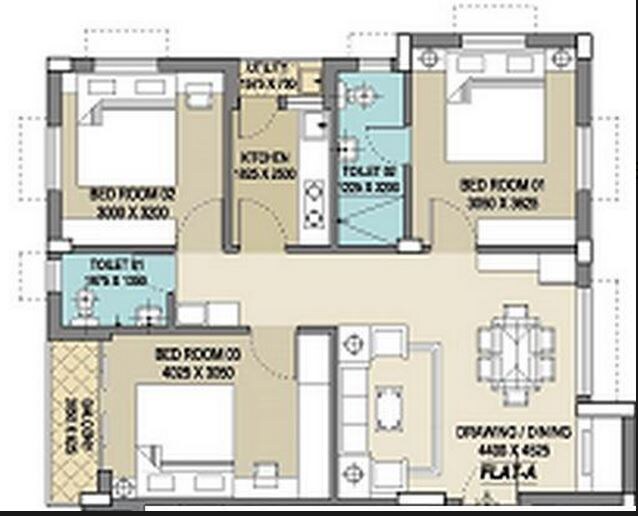 Floor plan of 3 BHK 1253 Sq. Ft. Apartment in Ganguly 4 Sight Maple, Kolkata