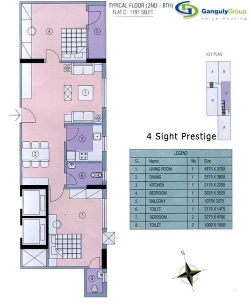 Floor plan of 2 BHK 1191 Sq. Ft. Apartment in Ganguly 4 Sight Prestige, Kolkata