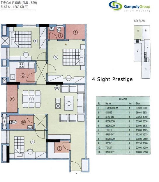 Floor plan of 3 BHK 1260 Sq. Ft. Apartment in Ganguly 4 Sight Prestige, Kolkata